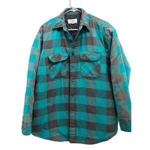 Vintage Quilt Lined Flannel Shirt Jacket Teal Gray Plaid Workwear Heavyweight L